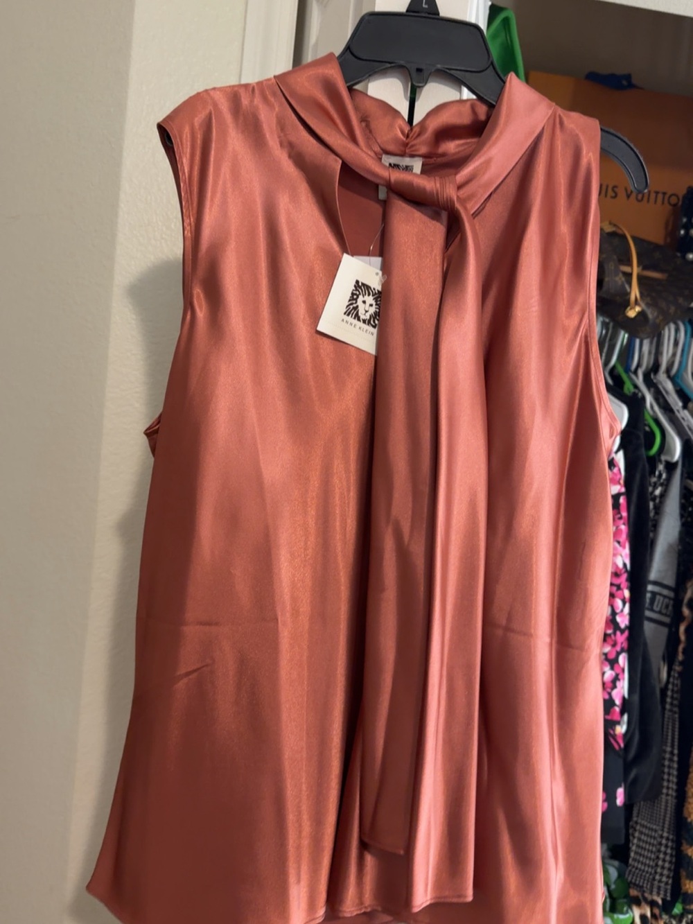 Anne Klein Rust Satin Tie-Neck Sleeveless Blouse